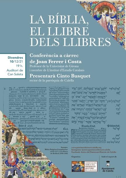 Nova conferència organitzada per l’AAPHC: “LA BÍBLIA, EL LLIBRE DELS LLIBRES”, a càrrec de Joan Ferrer i Costa